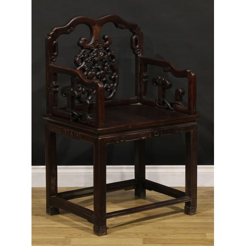 1397 - A Chinese hardwood Taishi armchair, shaped cresting rail carved with scrolls, the splat pierced and ... 