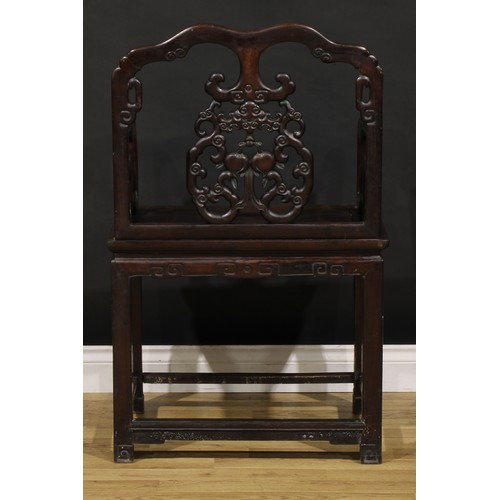 1397 - A Chinese hardwood Taishi armchair, shaped cresting rail carved with scrolls, the splat pierced and ... 