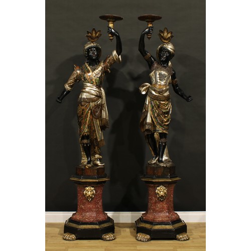 1543 - A pair of 19th century Venetian polychrome decorated blackamoor torchères, each as a Nubian figure h... 