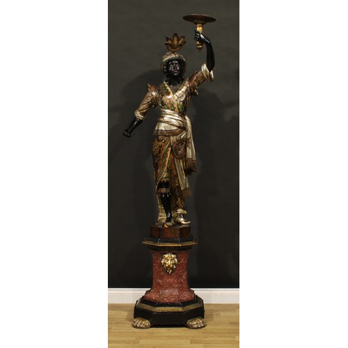 1543 - A pair of 19th century Venetian polychrome decorated blackamoor torchères, each as a Nubian figure h... 