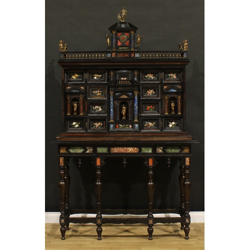 1332 - A late 19th century Italian gilt metal and pietra dura mounted rosewood and ebonised cabinet on stan... 