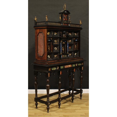 1332 - A late 19th century Italian gilt metal and pietra dura mounted rosewood and ebonised cabinet on stan... 