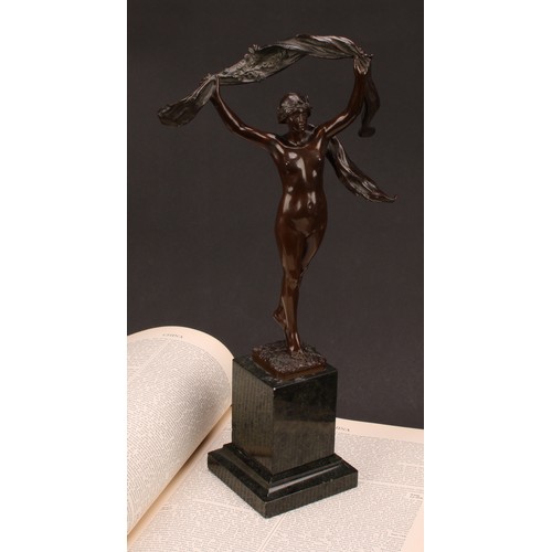 1929 - Manner of Louis-Ernest Barrias, an Art Nouveau period dark patinated bronze, Scarf Dancer, inscribed... 