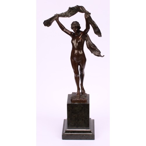 1929 - Manner of Louis-Ernest Barrias, an Art Nouveau period dark patinated bronze, Scarf Dancer, inscribed... 