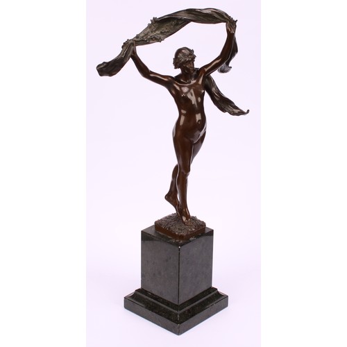 1929 - Manner of Louis-Ernest Barrias, an Art Nouveau period dark patinated bronze, Scarf Dancer, inscribed... 