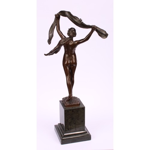 1929 - Manner of Louis-Ernest Barrias, an Art Nouveau period dark patinated bronze, Scarf Dancer, inscribed... 