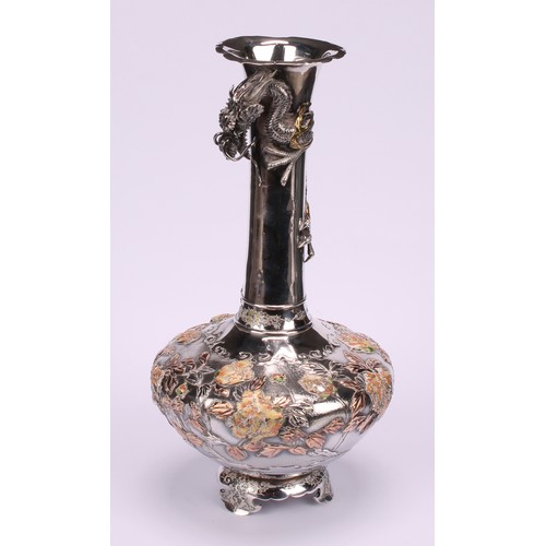 680 - A Japanese silver, mixed metal and enamel compressed ovoid vase, chased and applied with a dragon an... 