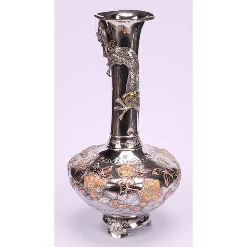 680 - A Japanese silver, mixed metal and enamel compressed ovoid vase, chased and applied with a dragon an... 