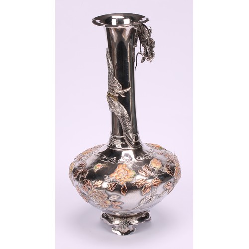 680 - A Japanese silver, mixed metal and enamel compressed ovoid vase, chased and applied with a dragon an... 