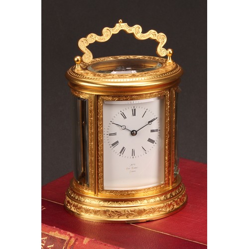 1556 - A late 19th century French gilt brass oval carriage clock, by Henry Marc, 6cm dial inscribed No1 HRY... 