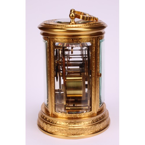 1556 - A late 19th century French gilt brass oval carriage clock, by Henry Marc, 6cm dial inscribed No1 HRY... 