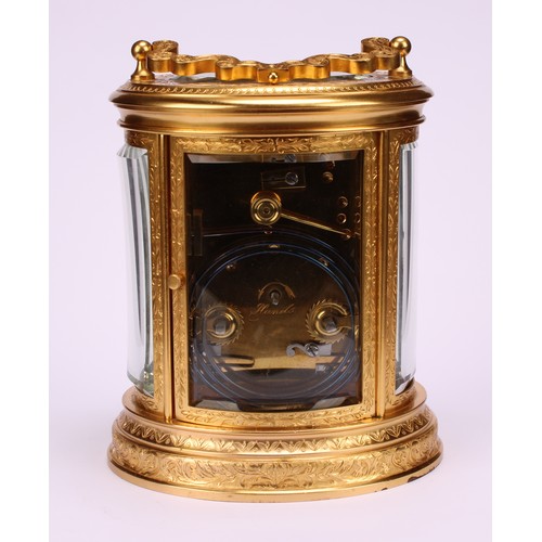 1556 - A late 19th century French gilt brass oval carriage clock, by Henry Marc, 6cm dial inscribed No1 HRY... 