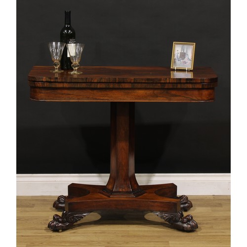 1875 - A William IV rosewood card table, hinged top enclosing a baize lined playing surface, spreading hexa... 