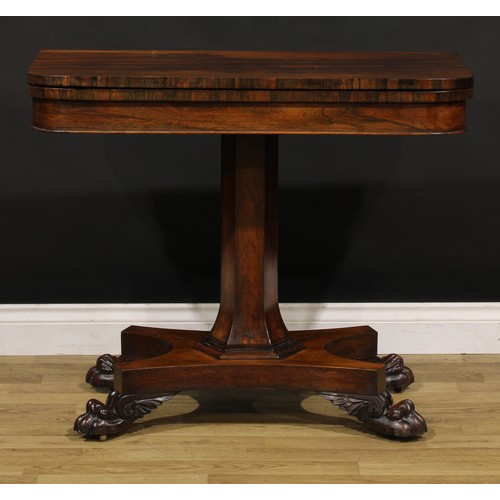 1875 - A William IV rosewood card table, hinged top enclosing a baize lined playing surface, spreading hexa... 