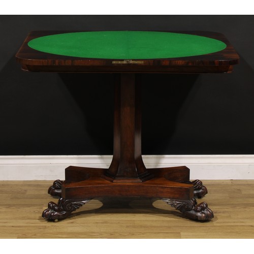 1875 - A William IV rosewood card table, hinged top enclosing a baize lined playing surface, spreading hexa... 