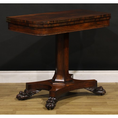 1875 - A William IV rosewood card table, hinged top enclosing a baize lined playing surface, spreading hexa... 