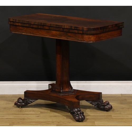 1875 - A William IV rosewood card table, hinged top enclosing a baize lined playing surface, spreading hexa... 