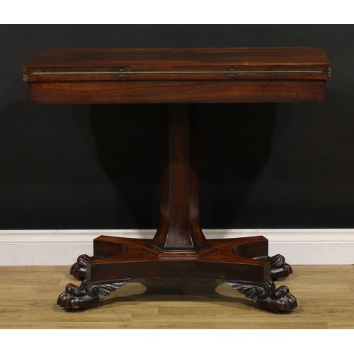 1875 - A William IV rosewood card table, hinged top enclosing a baize lined playing surface, spreading hexa... 