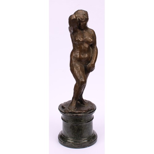 1930 - Modern School (first half 20th century), a brown patinated bronze, Female Nude, serpentine columnar ... 