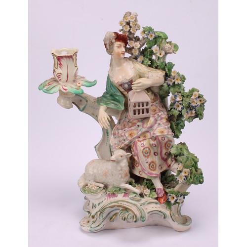 111 - A pair of Derby porcelain figural candlesticks, modelled as a shepherd and shepherdess, each seated ... 