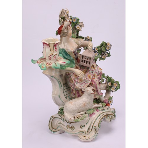 111 - A pair of Derby porcelain figural candlesticks, modelled as a shepherd and shepherdess, each seated ... 