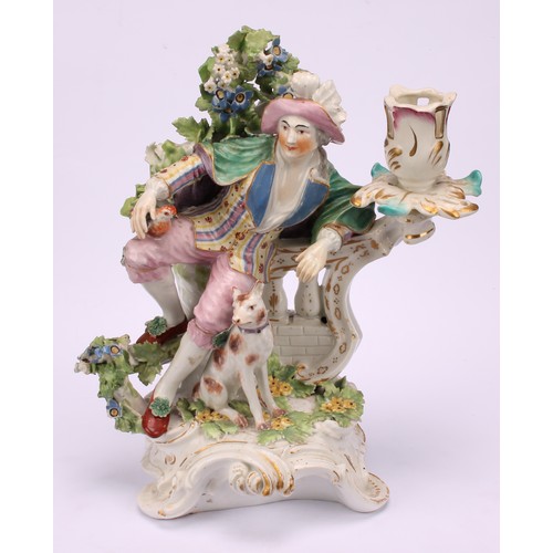 111 - A pair of Derby porcelain figural candlesticks, modelled as a shepherd and shepherdess, each seated ... 