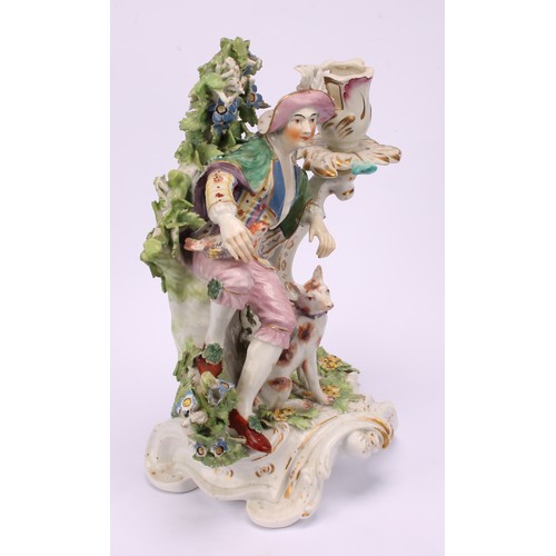 111 - A pair of Derby porcelain figural candlesticks, modelled as a shepherd and shepherdess, each seated ... 