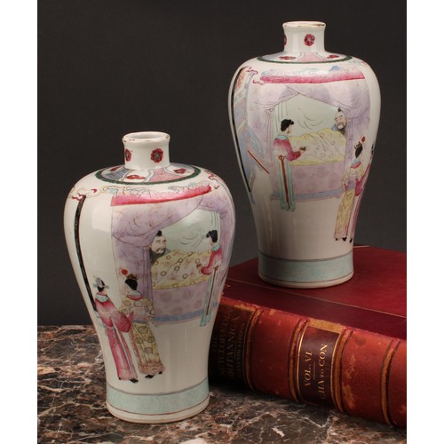 192 - A pair of Chinese meiping vases, decorated in muted polychrome enamels, of a domestic interior, with... 