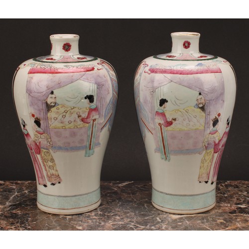 192 - A pair of Chinese meiping vases, decorated in muted polychrome enamels, of a domestic interior, with... 