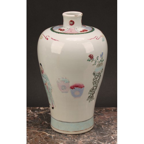 192 - A pair of Chinese meiping vases, decorated in muted polychrome enamels, of a domestic interior, with... 