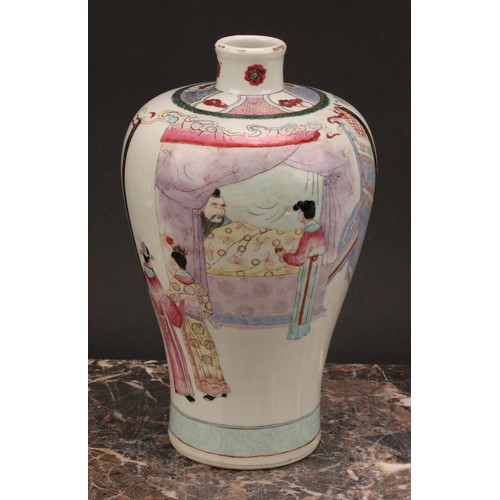 192 - A pair of Chinese meiping vases, decorated in muted polychrome enamels, of a domestic interior, with... 