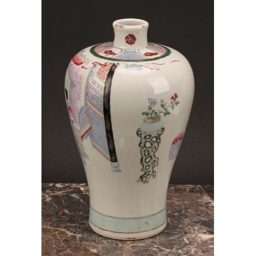 192 - A pair of Chinese meiping vases, decorated in muted polychrome enamels, of a domestic interior, with... 