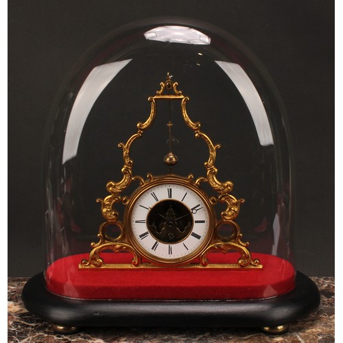 1555 - A late 19th century French brass skeleton-type conical pendulum timepiece, 10.5cm enamel clock chapt... 