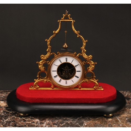 1555 - A late 19th century French brass skeleton-type conical pendulum timepiece, 10.5cm enamel clock chapt... 