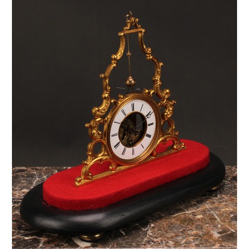 1555 - A late 19th century French brass skeleton-type conical pendulum timepiece, 10.5cm enamel clock chapt... 