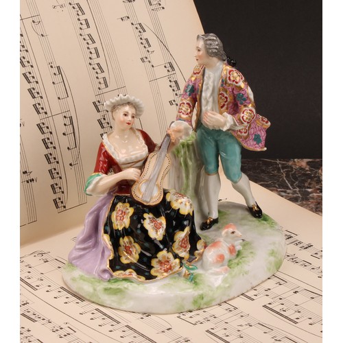 157 - A Samson Paris porcelain figure group, of a gallant stood beside maiden, she seated playing the lute... 