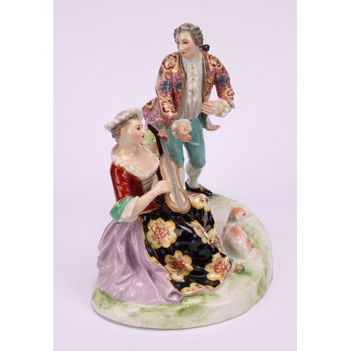 157 - A Samson Paris porcelain figure group, of a gallant stood beside maiden, she seated playing the lute... 