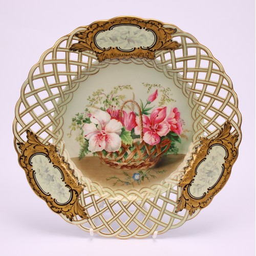 40 - A set of six English porcelain cabinet plates, each field painted with a basket of colourful flowers... 