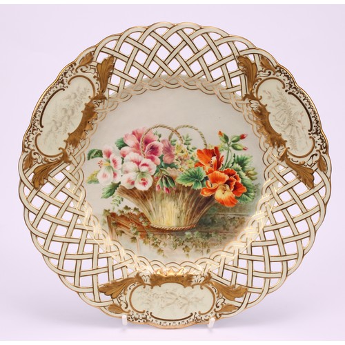 40 - A set of six English porcelain cabinet plates, each field painted with a basket of colourful flowers... 