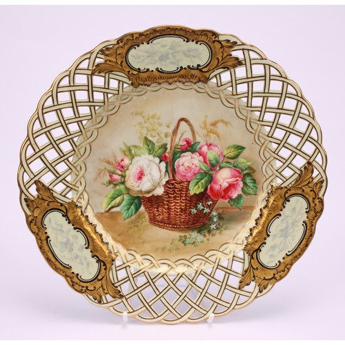 40 - A set of six English porcelain cabinet plates, each field painted with a basket of colourful flowers... 