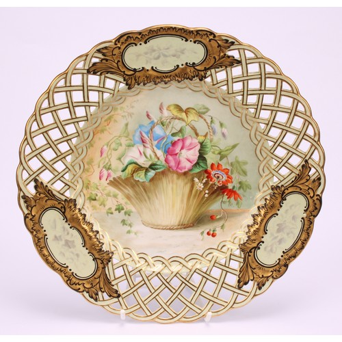 40 - A set of six English porcelain cabinet plates, each field painted with a basket of colourful flowers... 