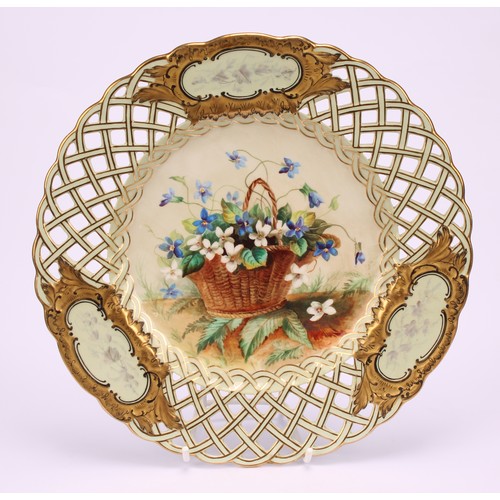 40 - A set of six English porcelain cabinet plates, each field painted with a basket of colourful flowers... 