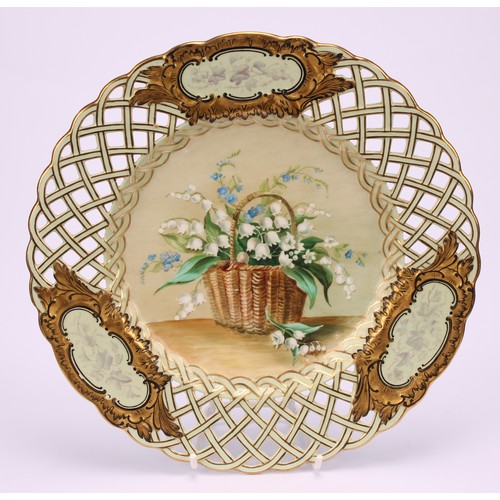 40 - A set of six English porcelain cabinet plates, each field painted with a basket of colourful flowers... 