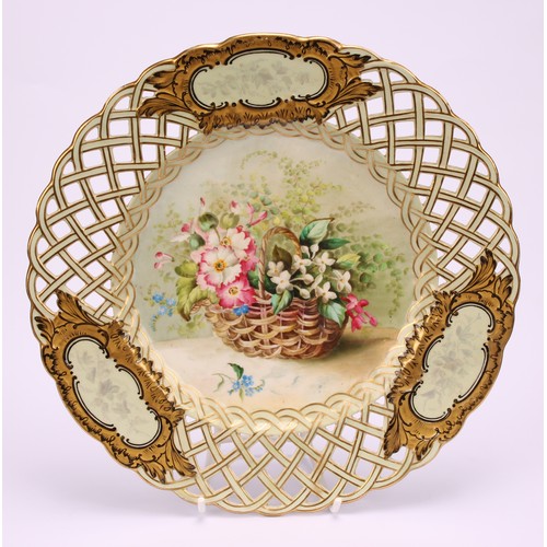 40 - A set of six English porcelain cabinet plates, each field painted with a basket of colourful flowers... 