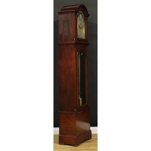 1266 - A substantial Edwardian mahogany longcase clock, 33.5cm arched brass dial applied with Arabic numera... 