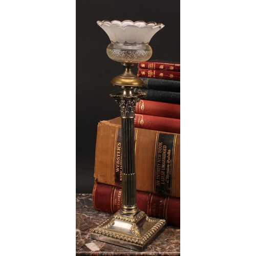 1303 - An Art Nouveau period silver plated Corinthian candlestick, later converted to a lamp, frosted and h... 