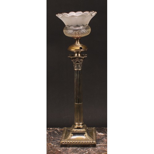 1303 - An Art Nouveau period silver plated Corinthian candlestick, later converted to a lamp, frosted and h... 