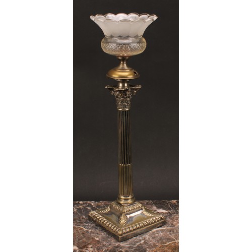 1303 - An Art Nouveau period silver plated Corinthian candlestick, later converted to a lamp, frosted and h... 