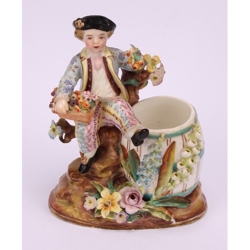 31 - A John Bevington porcelain figural candlestick, allegorical of Winter, as a skater with turquoise ja... 