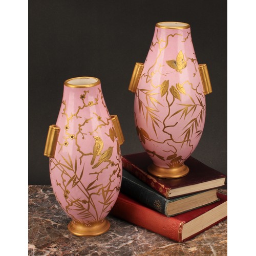 143 - A pair of Aesthetic Movement Franz Anton Mehlem ovoid vases, raised gilt decorated in the Japonisme ... 